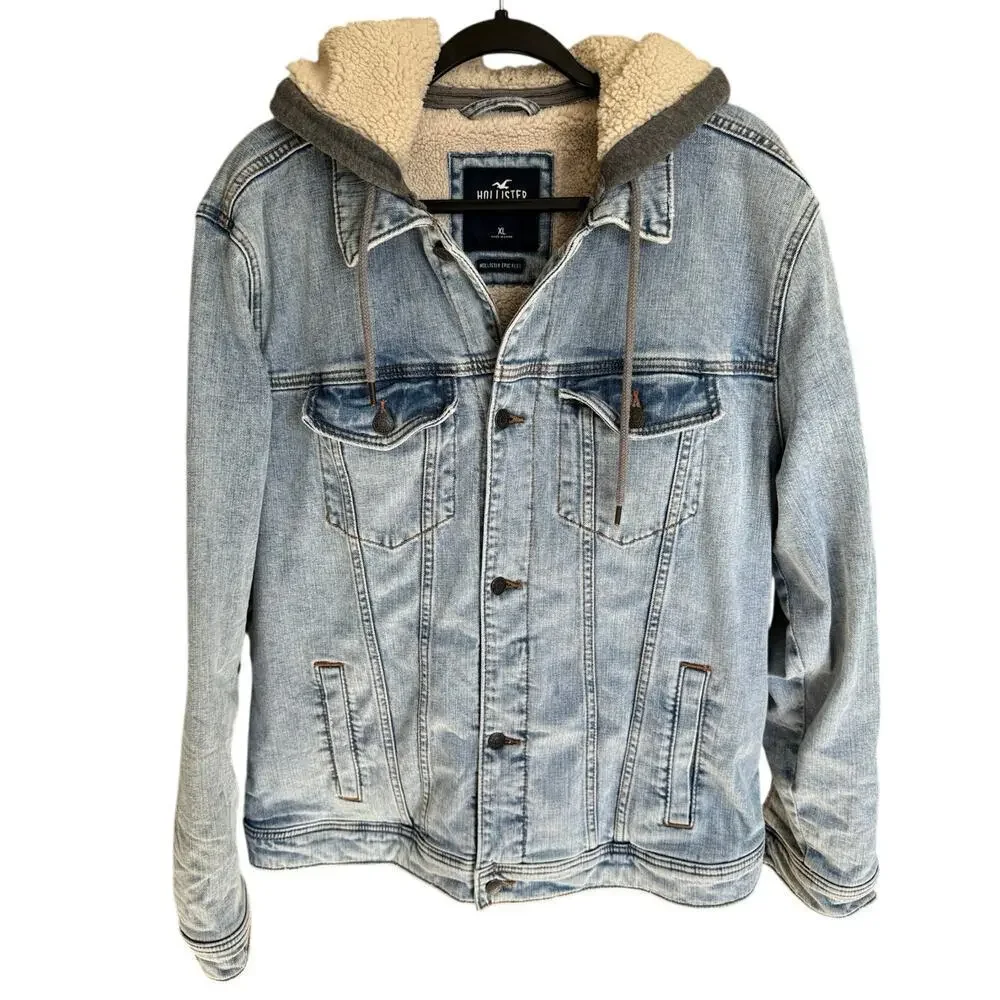 Hollister Y2K Sherpa Lined Denim Jacket With Hoodie Men Size XL
